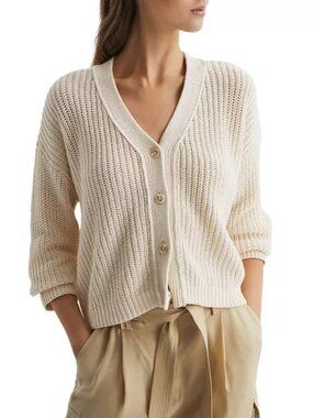 Reiss Cream Open-Weave V-Neck Button Cardigan